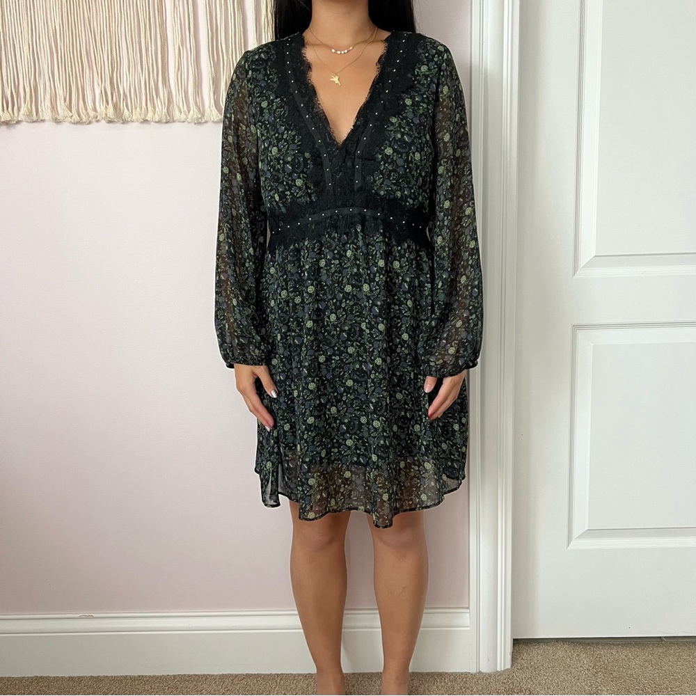Zara Babydoll Long-Sleeve Green Floral Black Lace Dress🌿